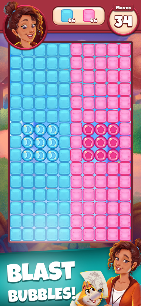 Joy Blast - Joy Blast mobile game level showing a matching puzzle with pink and blue bubbles
