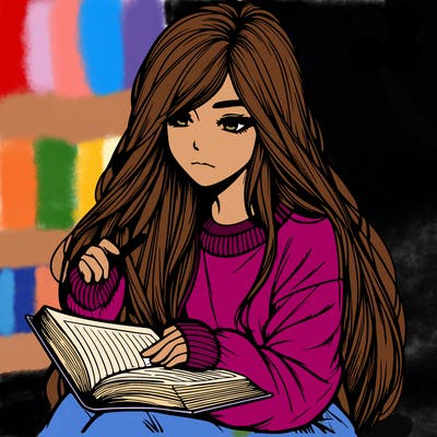 realistic girl with long hair wearing a baggie sweater reading a book