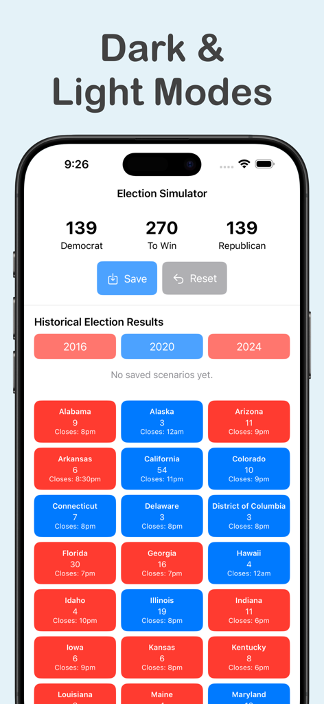VoteMapper Election Simulator - VoteMapper app interface showing electoral vote count and a grid of US states colored by political party.