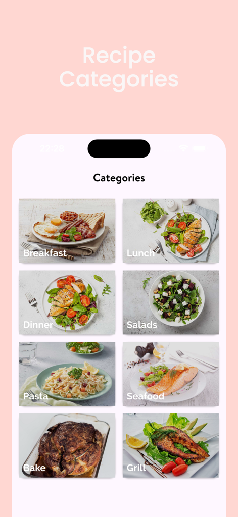 Pantalla de categorías de recetas en la aplicación, mostrando opciones para desayuno, almuerzo, cena y ensaladas.