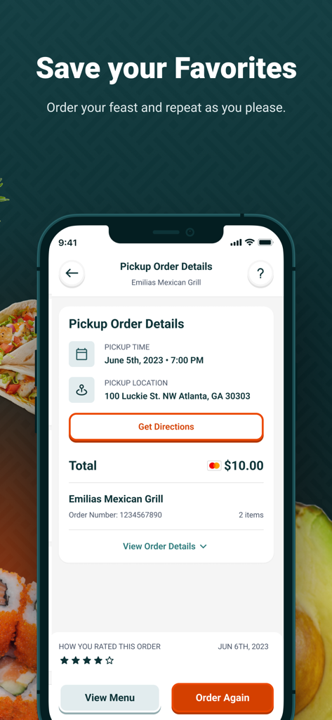 Beyond Menu app interface showing pickup order details from a local restaurant with an order again button.