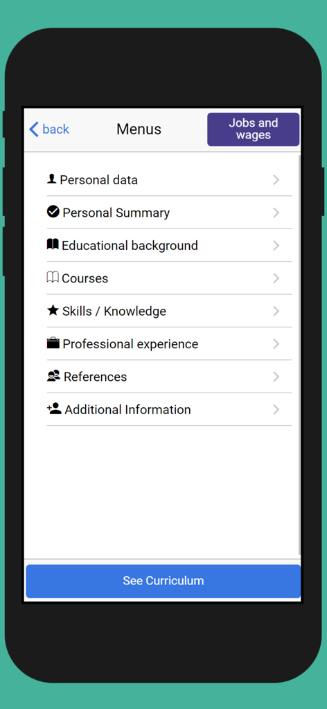Interface do aplicativo de celular mostrando seções de criação de currículo como dados pessoais e experiência profissional