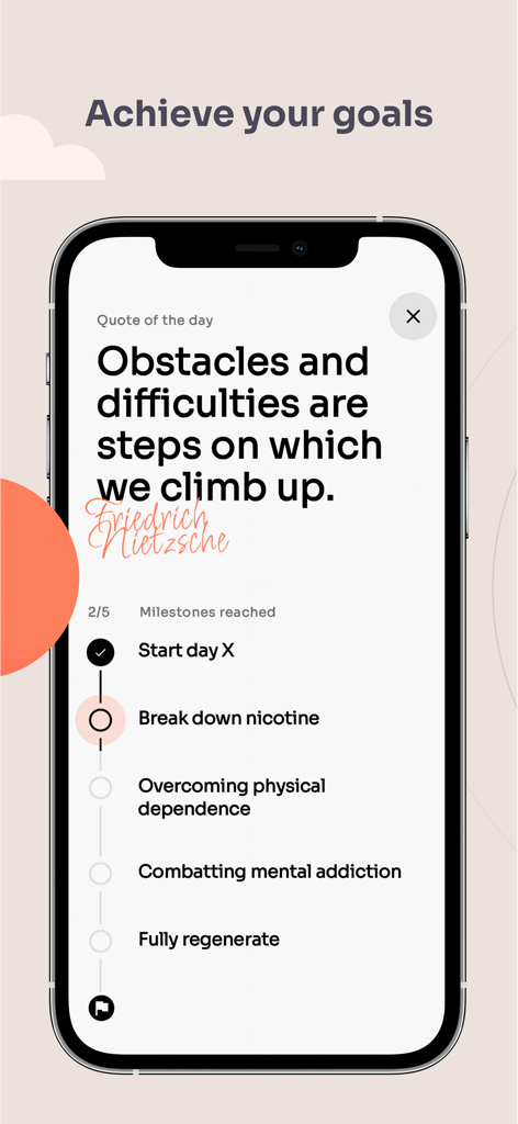 A screenshot of the Flamy app showing smoking cessation milestones and a motivational quote.