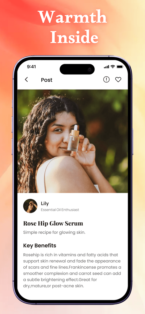 Miren: Nice Feelings - Interfaz de la aplicación Miren que muestra una publicación de blog de bienestar sobre los beneficios del Sérum Rose Hip Glow