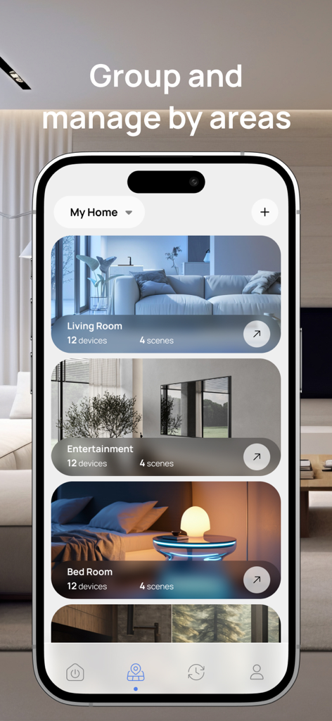 Interfaz de la app Smart Life mostrando dispositivos del hogar inteligente agrupados por habitaciones como sala de estar y dormitorio.