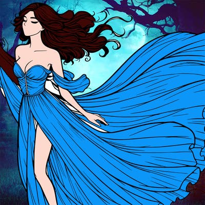 realistic woman in dress flowing the the wind