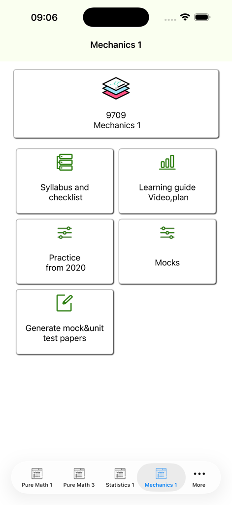 AlevelMath - Panel de control de la aplicación AlevelMath para el módulo Mecánica 1, incluyendo temario y exámenes de prueba.