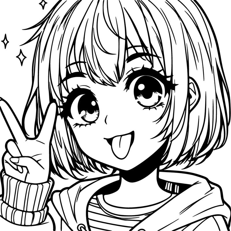 anime girl with short hair, freckles, doing peace sign while sticking her tongue out