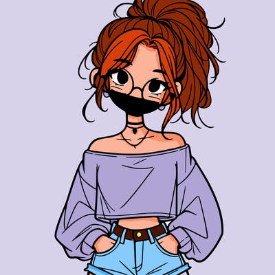 girl with a messy ponytail glasses a baggy crop top and jean shorts