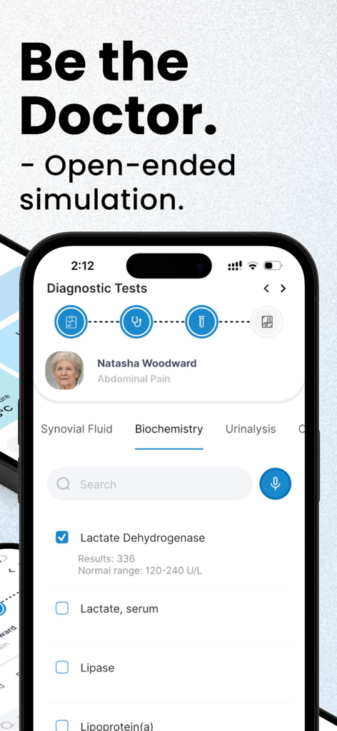 Curans | Virtual Patient Sim - Curans app interface showing open-ended diagnostic test selection for a virtual patient simulation