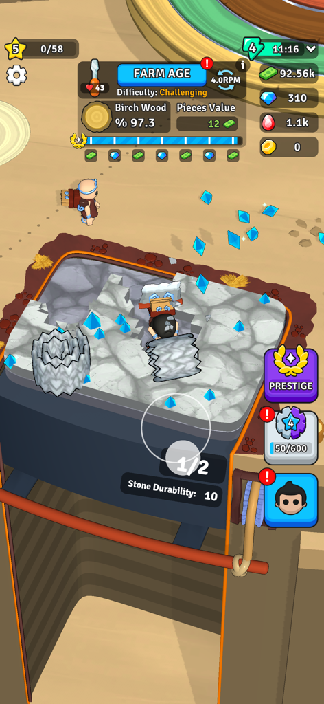 Carve Quest - Gameplay screenshot of Carve Quest showing a character carving wood in the Farm Age with the game interface and currency counts visible.