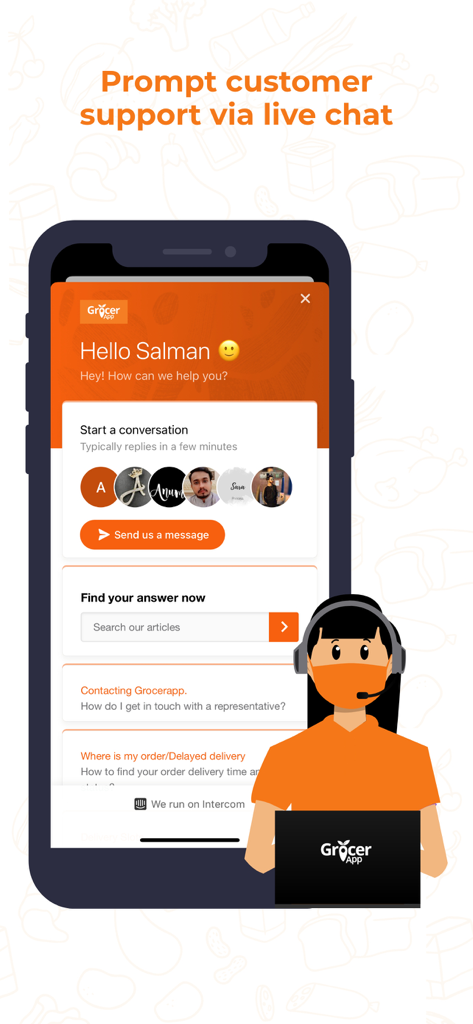 GrocerApp mobile app screen showing live chat support and search for help articles.