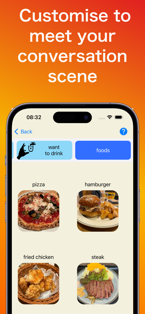 MyVoiceApp plus app interface showing food category with icons for pizza hamburger fried chicken and steak for speech assistance