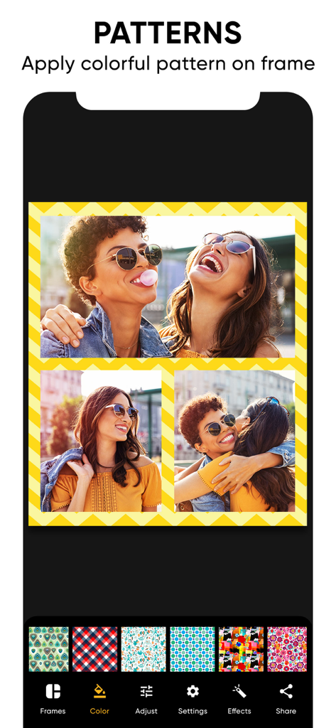 Collage photo représentant des amis avec une bordure à chevrons jaunes personnalisable et un menu de sélection de motifs.