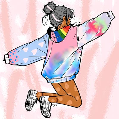 realistic girl jumping with a bun and oversized sweatshirt