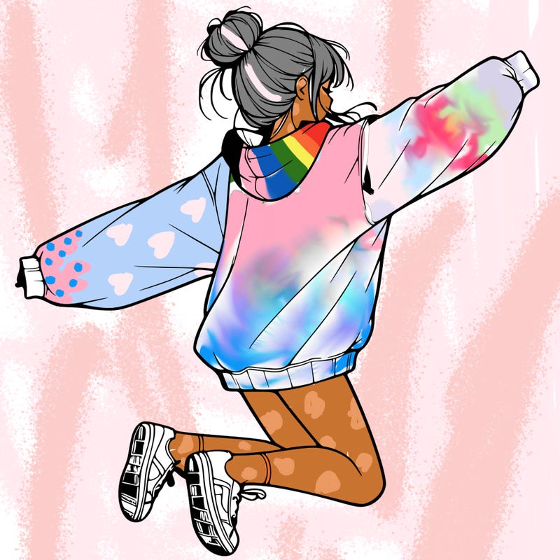 realistic girl jumping with a bun and oversized sweatshirt