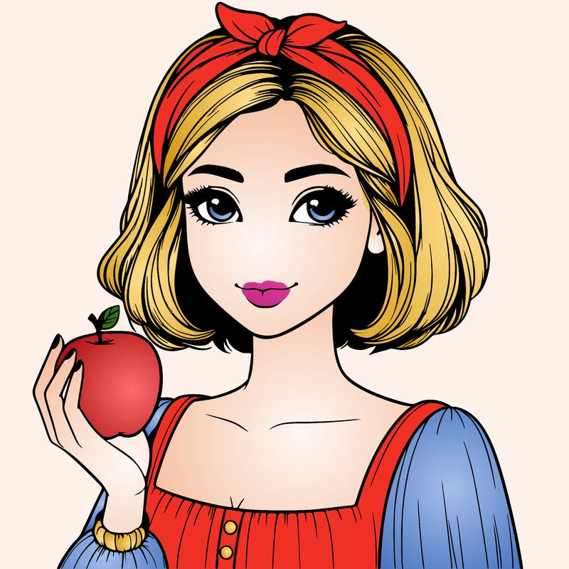 a woman with medium short hair, wearing a headband with a small bow, carrying an apple in her hand, realistic