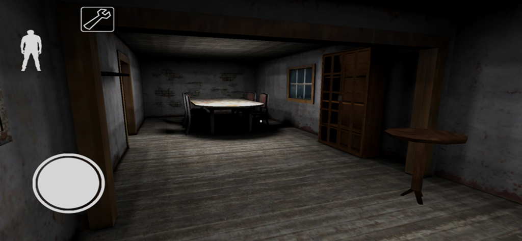 Gameplay screenshot of the horror game Granny showing a dark dining room with old wooden furniture