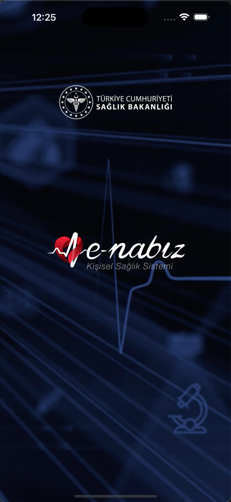 e-Nabiz Startbildschirm mit dem Logo des türkischen Gesundheitsministeriums und einer Herzschlaggrafik auf dunkelblauem Hintergrund.