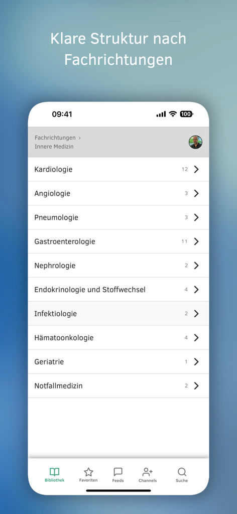 Medbee - Interface of the Medbee app showing a categorized list of medical specialties for clinical guidelines