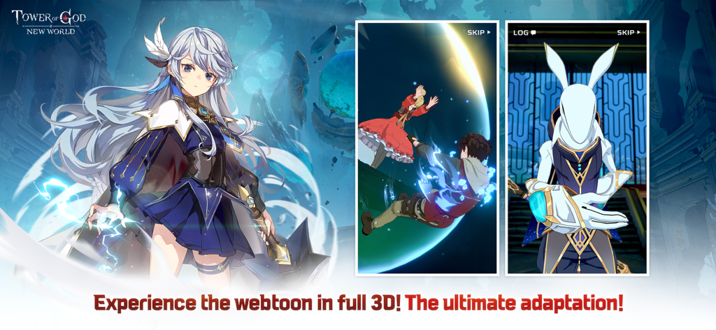 Tower of God: NEW WORLD - Banner promocional de Tower of God NEW WORLD mostrando personajes de anime en 3D de alta calidad y escenas cinematográficas de la historia.