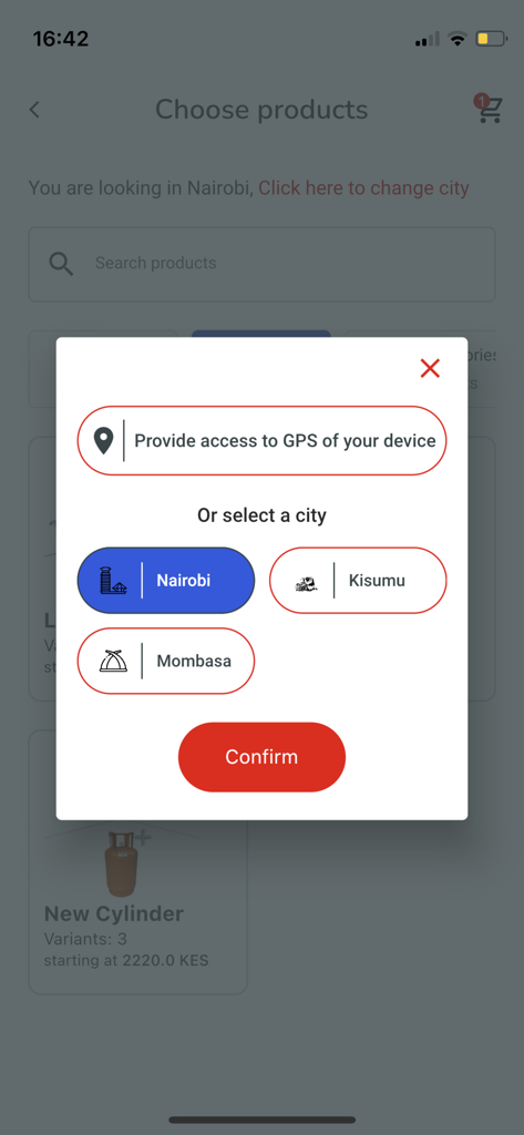 EasyGas Kenya location selection pop up with options for Nairobi Kisumu and Mombasa