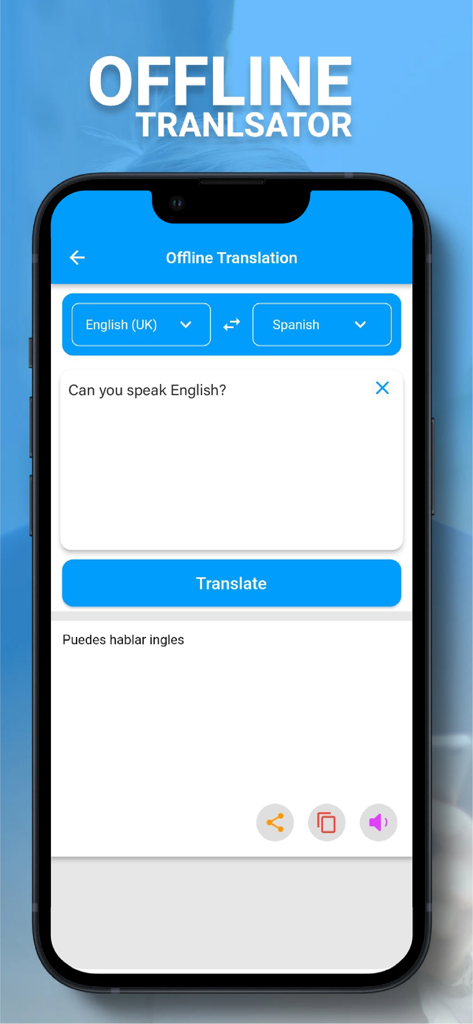 Speak and Translate Languages - Captura de pantalla de la función de traducción sin conexión en la aplicación Speak and Translate Languages que muestra una traducción de inglés a español.