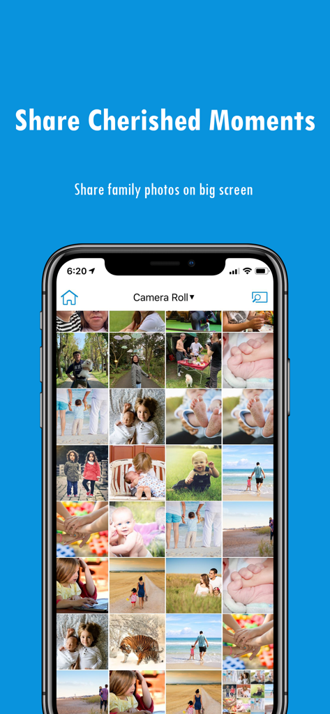EZCast app interface displaying a family photo gallery for screen casting to a TV