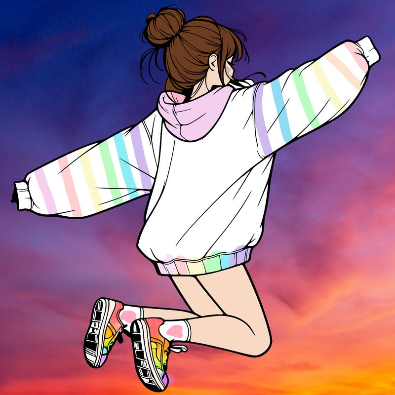 realistic girl jumping with a bun and oversized sweatshirt