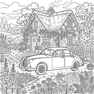 Discover a delightful blend of classic automotive charm and rustic beauty with this unique coloring page. Immerse yourself in a serene cottagecore setting featuring a vintage sedan and a charming thatched-roof home, ready for your creative touch.