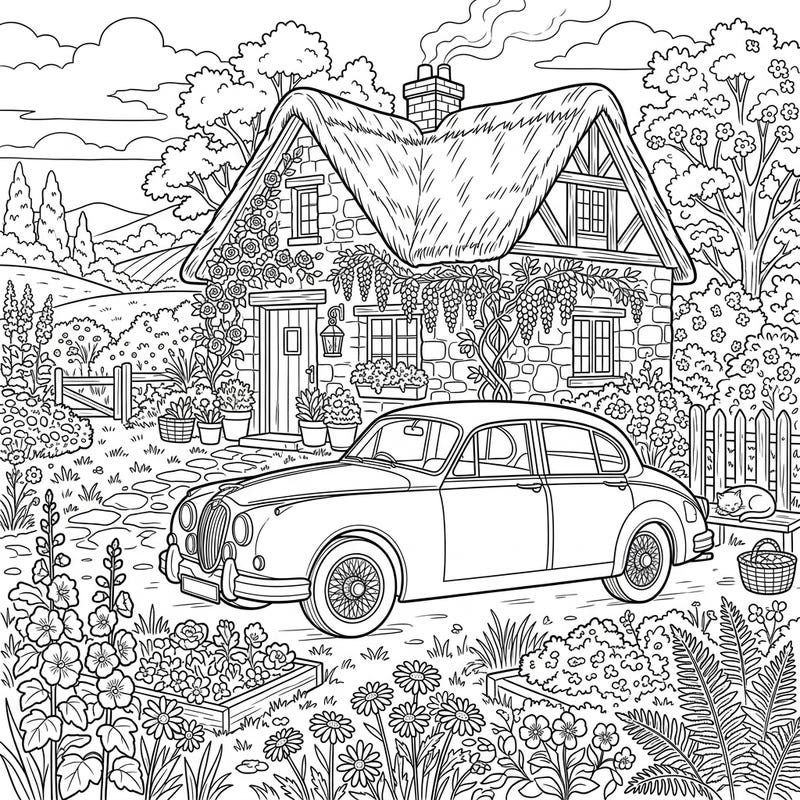 Discover a delightful blend of classic automotive charm and rustic beauty with this unique coloring page. Immerse yourself in a serene cottagecore setting featuring a vintage sedan and a charming thatched-roof home, ready for your creative touch.