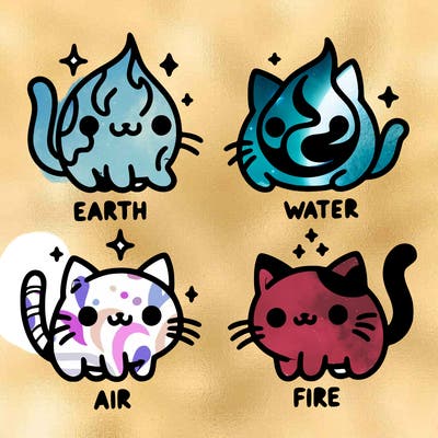 4 cats that represent the different elements, earth, water, air, and fire