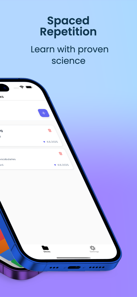 Spaced Repetition - Flashcards - Spaced Repetition Flashcards app on iPhone with minimalist design and science-based learning text.