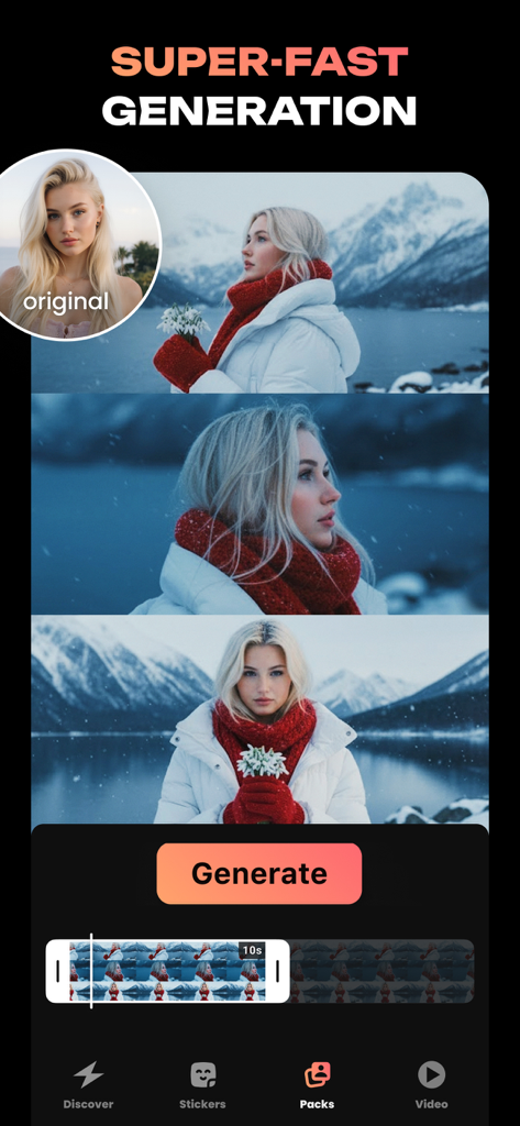 Interface de l'application Hula AI montrant une génération super rapide d'une femme dans un décor hivernal avec une écharpe rouge et des montagnes enneigées