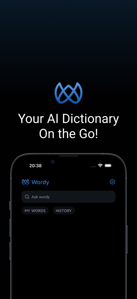 Wordy AI Dictionary - Wordy AI Dictionary app splash screen featuring the dark mode user interface on an iPhone with a search bar and navigation buttons.