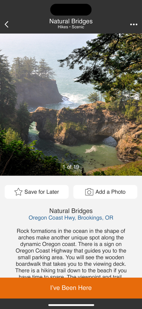 Oregon Coast Offline Guide - Interfaccia dell'app che mostra l'attrazione Natural Bridges sulla Costa dell'Oregon