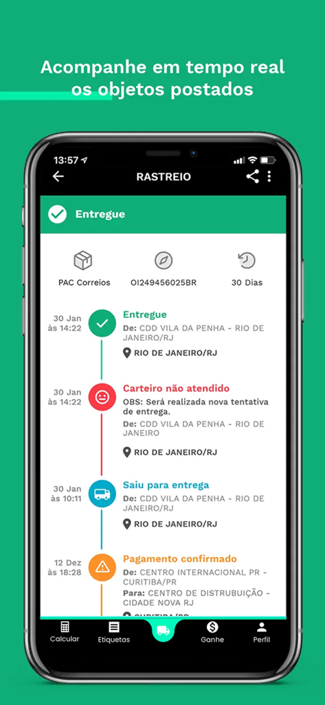 Smartphone screen displaying real-time tracking for a Correios package in the SuperFrete app.