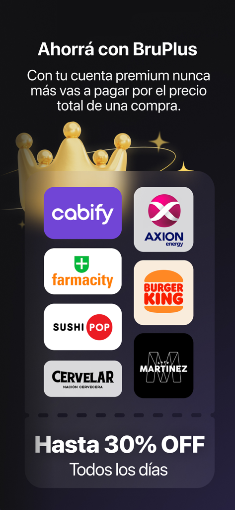 Burger KingやCabifyのような提携ブランドのロゴと30%割引オファーを示すBrubank BruPlusプレミアムアカウントのプロモーション画面。