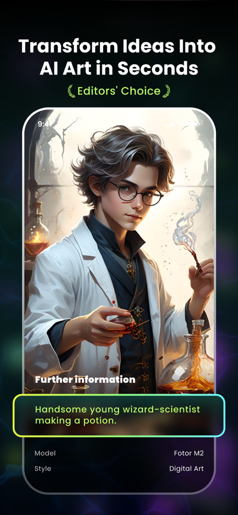 GoArt AI image generator interface showing a digital painting of a wizard scientist created from a text prompt