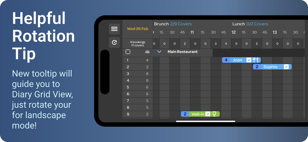 ResDiary Plus app displaying restaurant bookings in a diary grid view on a phone in landscape mode.