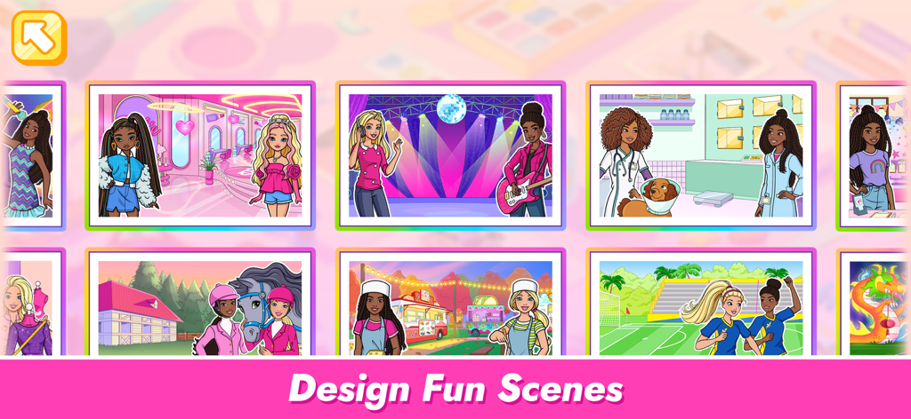 Barbie Color Creations - Uma galeria de cenas temáticas da Barbie diversas, incluindo uma clínica veterinária, um palco de música e um campo de futebol para design criativo