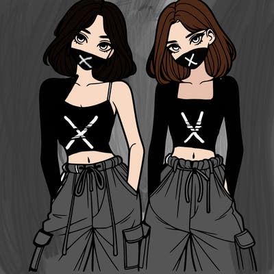 two girls with crop top with baggy pants