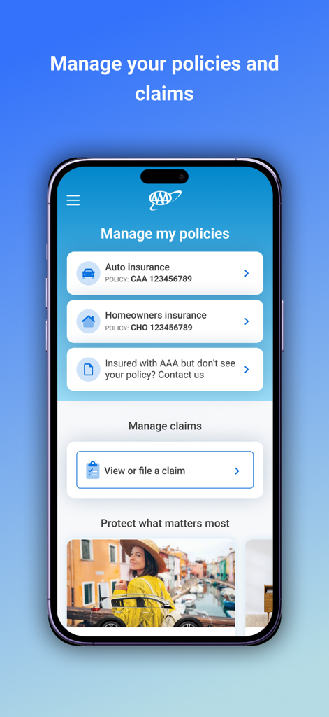 Auto Club App - Benutzeroberfläche der AAA Auto Club App zum Verwalten von Versicherungspolicen und zum Einreichen von Schadensmeldungen
