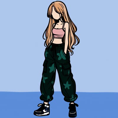 girl in baggy pants crop top and long hair