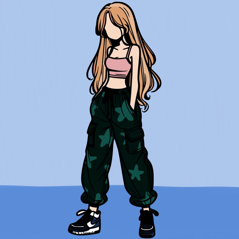 girl in baggy pants crop top and long hair