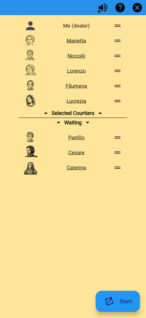 Machiavelli Card Game - Character selection menu in the Machiavelli card game featuring Renaissance historical figures as AI opponents.