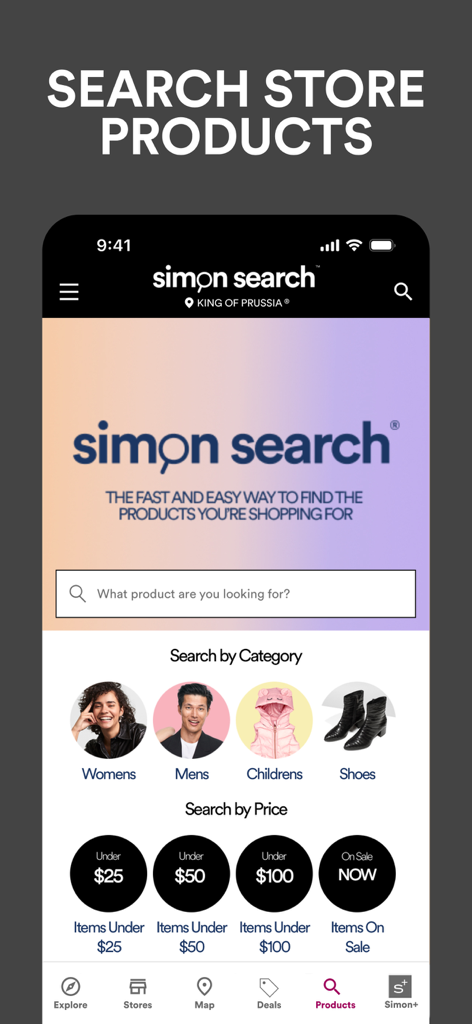 SIMON: Malls, Mills & Outlets - Tela Simon Search com filtros de categoria de produto e preço para compras