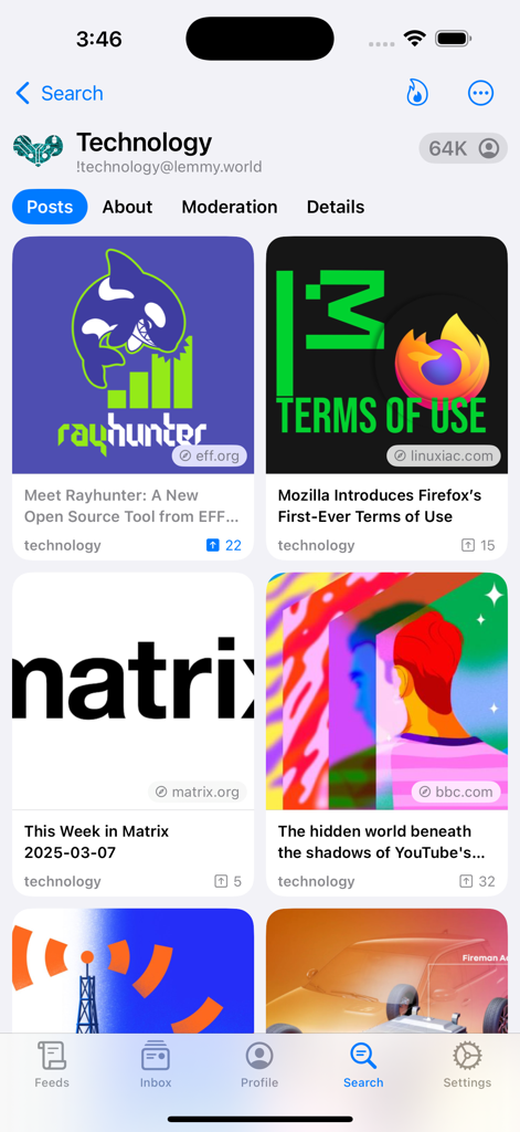 Mlem for Lemmy - Screenshot of the Mlem for Lemmy app showing a grid layout of posts within the Technology community feed on an iPhone