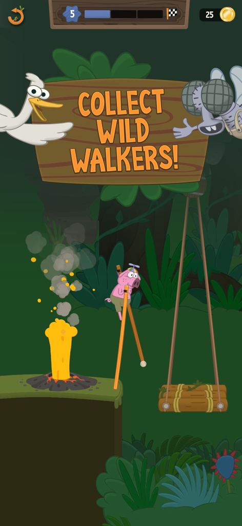 Walk Master - Un personaje de cerdo caminando con zancos sobre un volcán en el juego Walk Master.