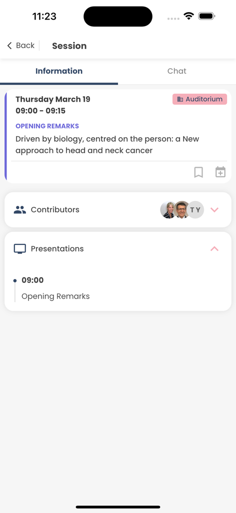 Pantalla de sesión de la aplicación ICHNO 2026 que muestra el horario de los comentarios de apertura y la información de los contribuyentes